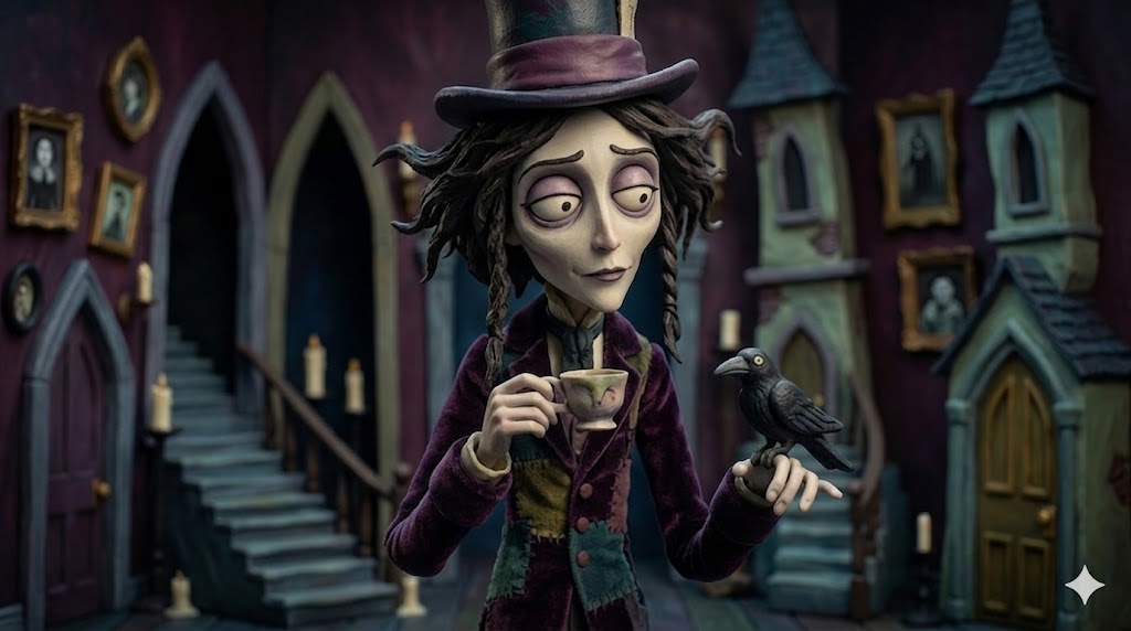 Uma Chapeleira Maluco cadavérico e melancólico, vestido com veludo roxo e retalhos, equilibra uma xícara de chá e um corvo em um cenário gótico de stop-motion.